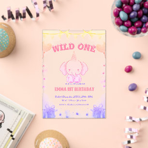 Wild One Cute Elephant 1st Birthday Invitation