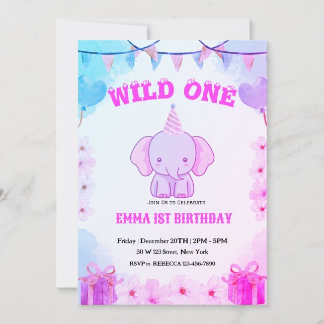 Wild One Cute Elephant 1st Birthday Invitation (Front)