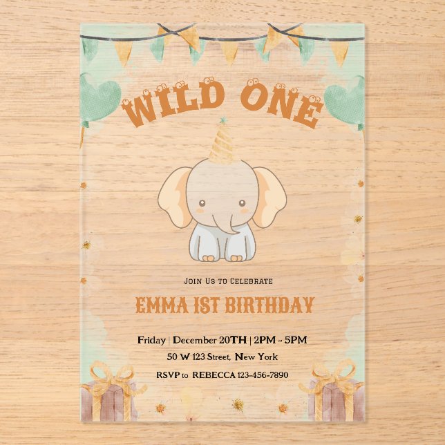 Wild One Cute Elephant 1st Birthday Invitation (Front)