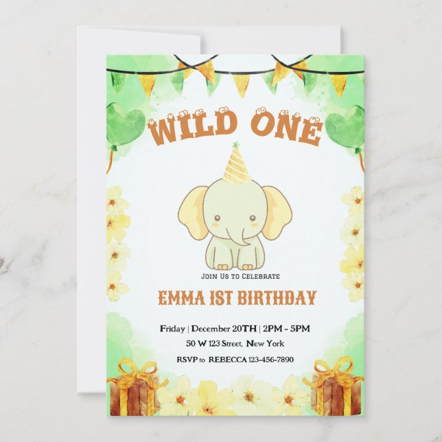 Wild One Cute Elephant 1st Birthday Invitation (Front)
