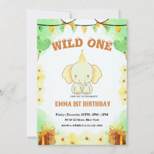 Wild One Cute Elephant 1st Birthday Invitation