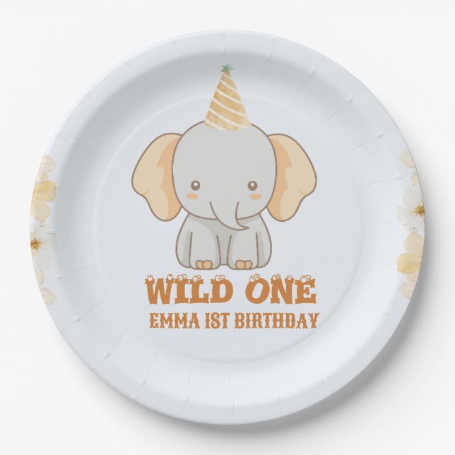Wild One Cute Elephant 1st Birthday  Paper Plate (Front)