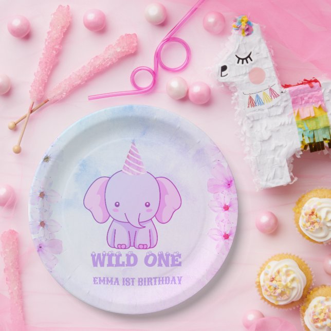 Wild One Cute Elephant 1st Birthday  Paper Plate (Party)