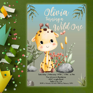 Wild One Cute Giraf Safari Animals 1st Birthday  Invitation