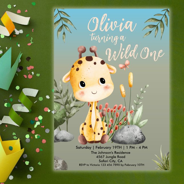 Wild One Cute Giraf Safari Animals 1st Birthday  Invitation (Creator Uploaded)