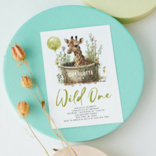 Wild One Cute Giraffe 1st Birthday Animal Balloon Invitation