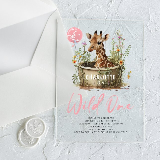 Wild One Cute Giraffe 1st Birthday Boho Animal  Acrylic Invitations (Creator Uploaded)