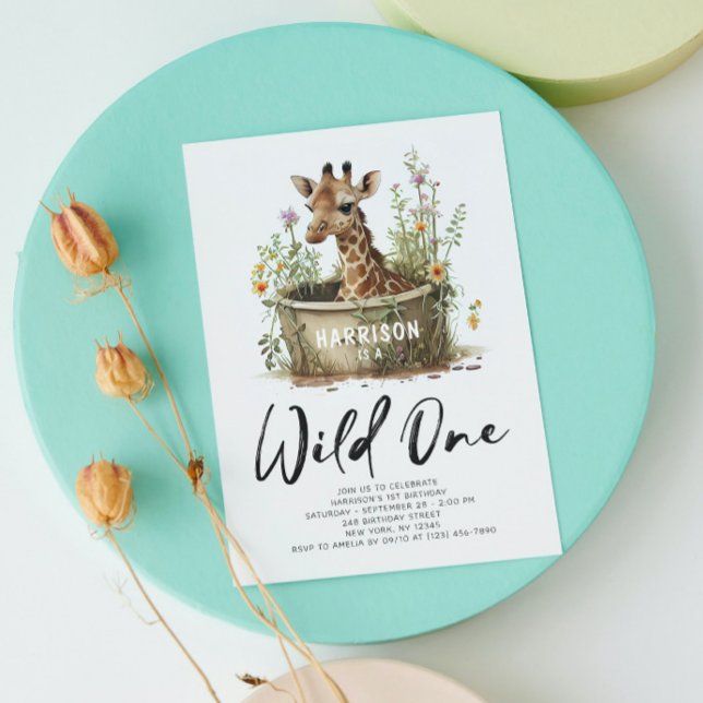 Wild One Cute Giraffe 1st Birthday Boho Animal Invitation (Creator Uploaded)