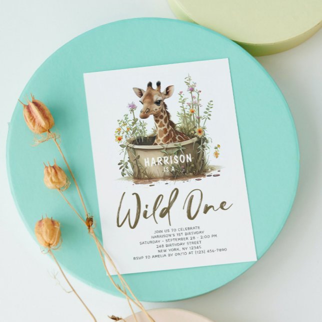 Wild One Cute Giraffe 1st Birthday Boho Animal Invitation (Creator Uploaded)