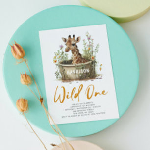 Wild One Cute Giraffe 1st Birthday Photo Animal Invitation