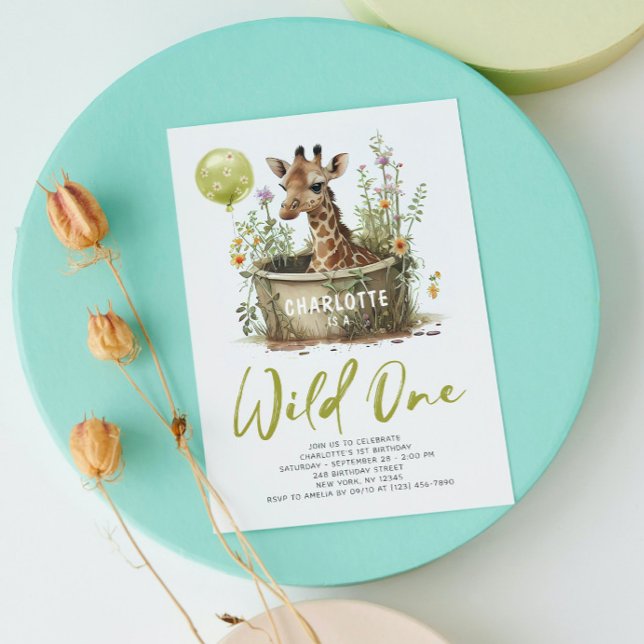 Wild One Cute Giraffe 1st Birthday Photo Animal Invitation (Creator Uploaded)