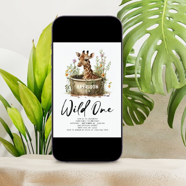 Wild One Cute Giraffe 1st Birthday Photo Animal Invitation (Creator Uploaded)
