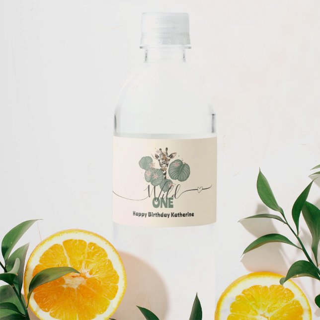 Wild One Cute Giraffe Animal Birthday Party  Water Bottle Label (Creator Uploaded)