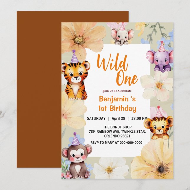 Wild One Cute Jungle Animal Child's 1st Birthday  Invitation (Front/Back)