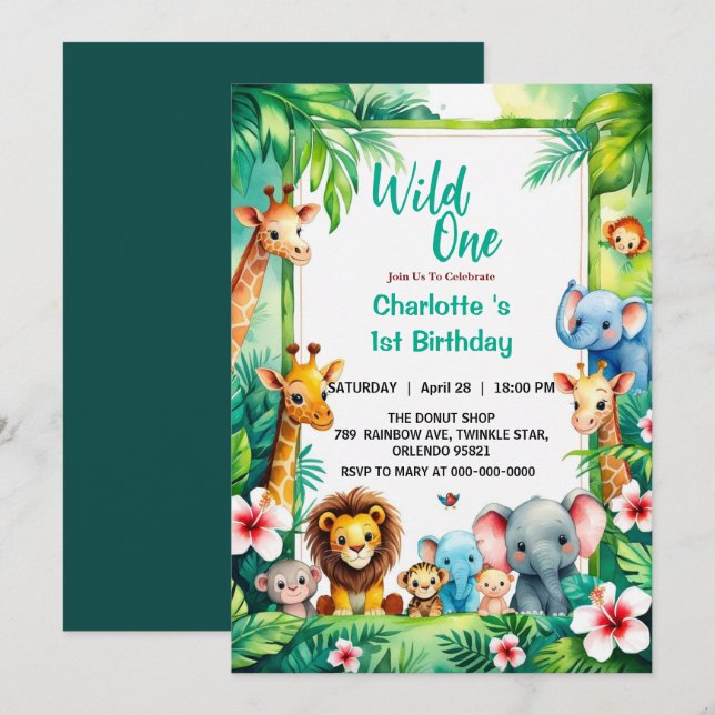 Wild One Cute Jungle Animal Child's 1st Birthday  Invitation (Front/Back)
