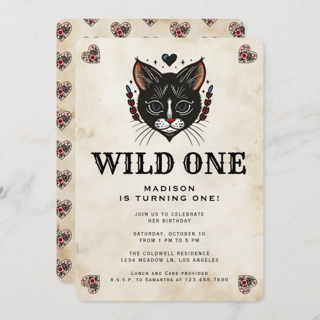 Wild One Cute Kitten Cat Rockabilly 1st Birthday Invitation (Front/Back)