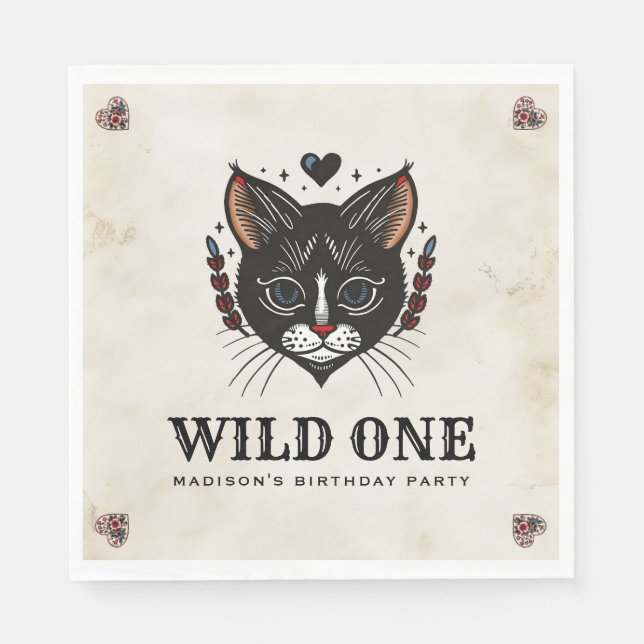 Wild One Cute Kitten Cat Rockabilly 1st Birthday Napkin (Front)