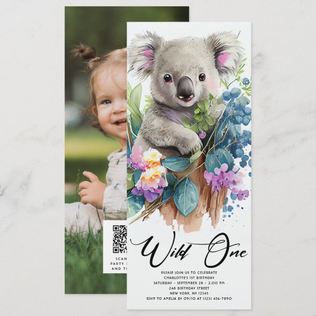 Wild One Cute Koala 1st Birthday Photo Animal Invitation (Front/Back)