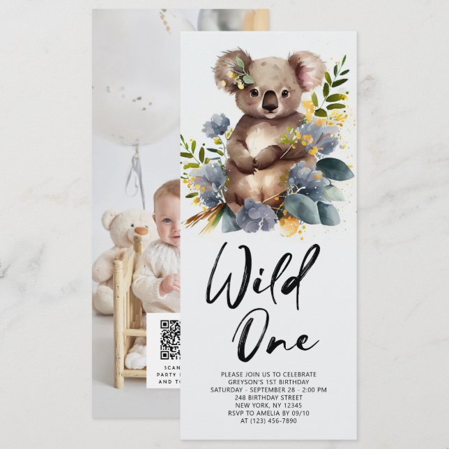 Wild One Cute Koala 1st Birthday Photo Animal Invitation (Front/Back)