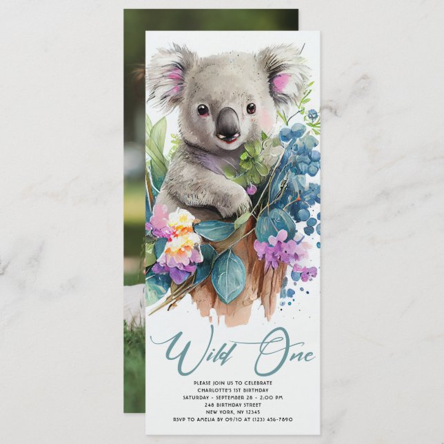 Wild One Cute Koala 1st Birthday Photo Animal Invitation (Front/Back)