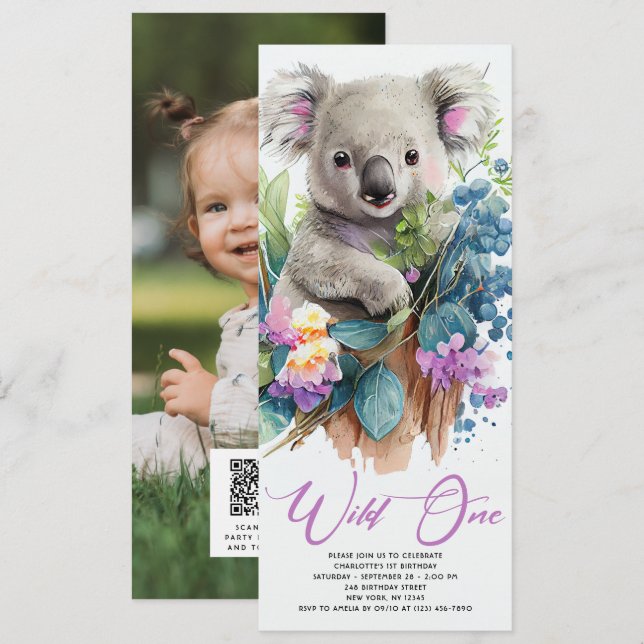 Wild One Cute Koala 1st Birthday Photo Animal Invitation (Front/Back)