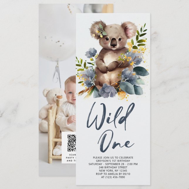 Wild One Cute Koala 1st Birthday Photo Animal Invitation (Front/Back)