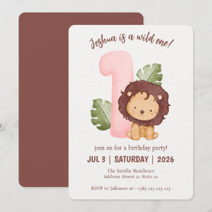 Wild One Cute Lion 1st Birthday Party Invitation