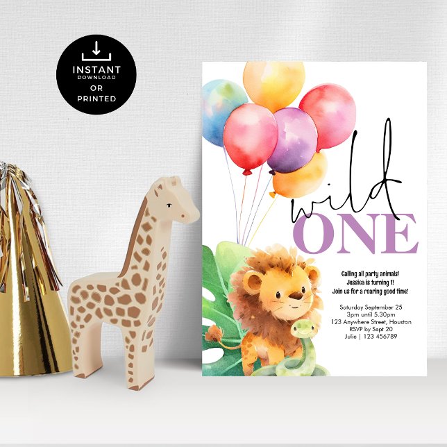Wild One Cute Lion Snake 1st Birthday Party Invitation (Creator Uploaded)
