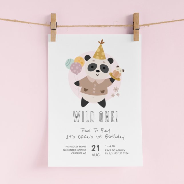 Wild One Cute Panda Bear 1st Birthday Invitation (Creator Uploaded)
