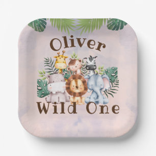 Wild One Cute Safari Animals 1st Birthday Watercol Paper Plate