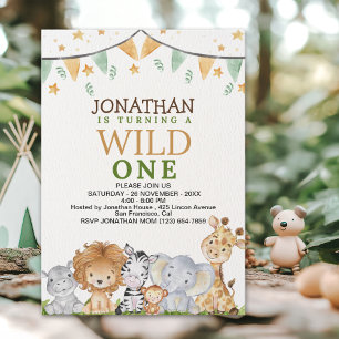 Wild One Cute Safari Animals Birthday Invitation
