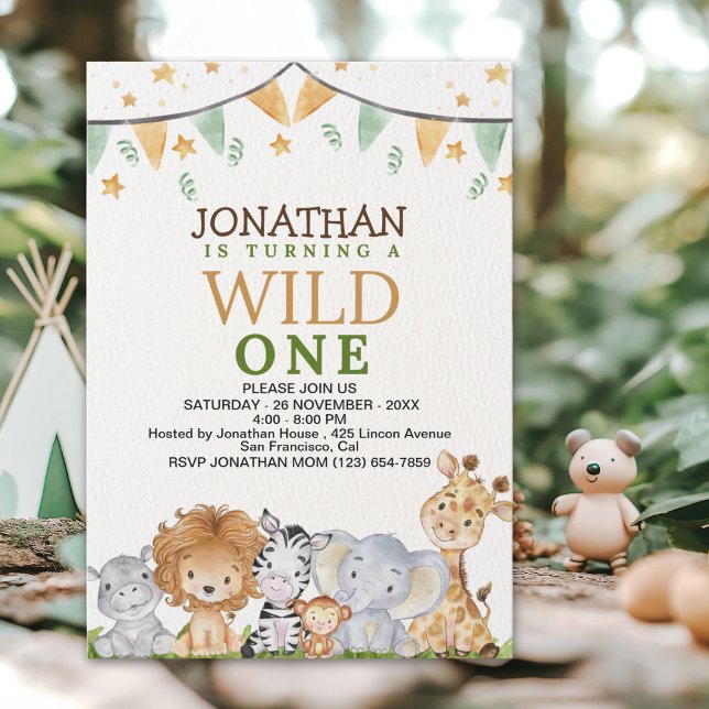 Wild One Cute Safari Animals Birthday Invitation (Creator Uploaded)