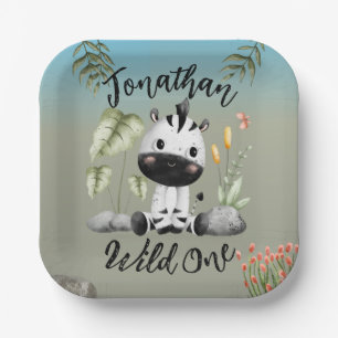 Wild One Cute Safari Animals Zebra 1st Birthday Paper Plate
