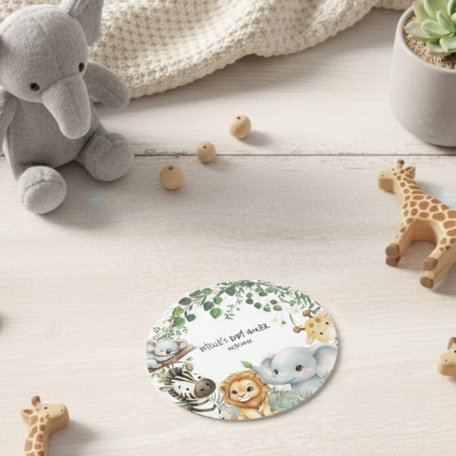 Wild One Cute Safari Jungle Animals Baby Shower  Round Paper Coaster (Creator Uploaded)