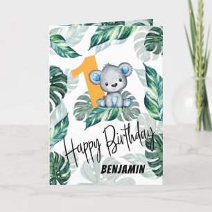 Wild One Cute Watercolor Bear 1st Birthday Card