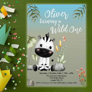 Wild One Cute Zebra Safari Animals 1st Birthday  Invitation