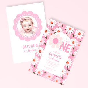 Wild One Daisy 1st Birthday Photo Invitation