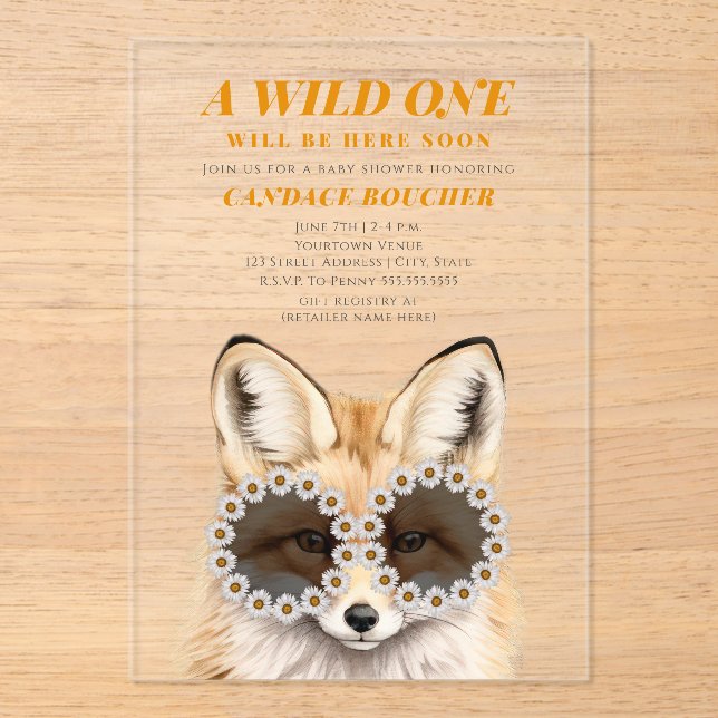 Wild One Daisy Sunglasses Fox Baby Shower  Acrylic Invitations (Front)