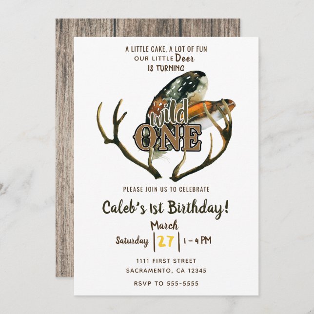 Wild One Deer Antlers & Feathers Boho 1st Birthday Invitation (Front/Back)