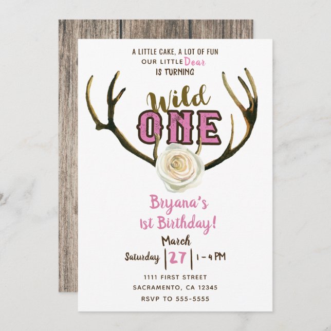 Wild One Deer Antlers Rose Pink 1st Birthday Party Invitation (Front/Back)