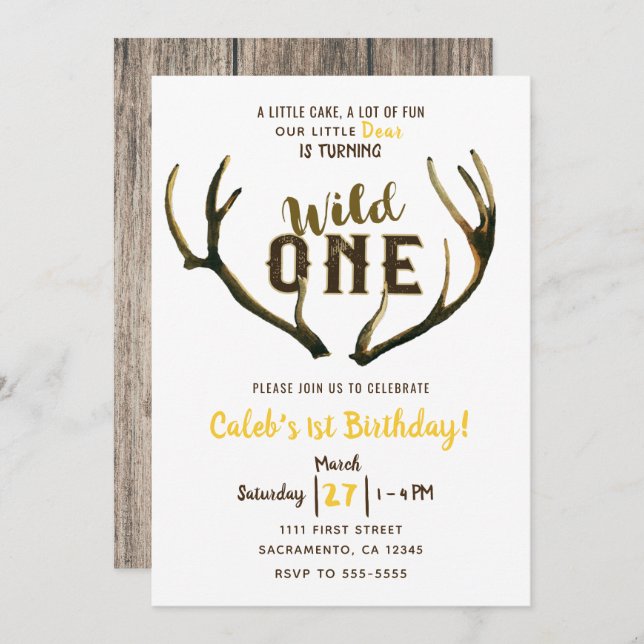 Wild One Deer Antlers Rustic 1st Birthday Party    Invitation (Front/Back)