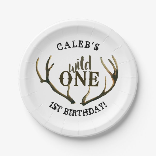 Wild One Deer Antlers Simple White 1st Birthday Paper Plate (Front)