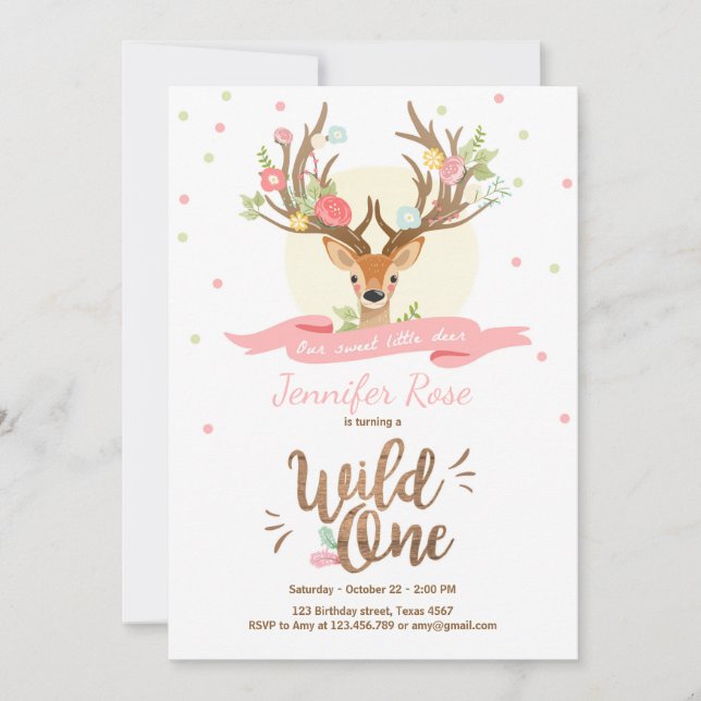 Wild One Deer birthday invite Woodland Pink wood (Front)