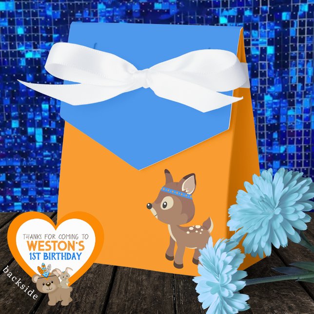 Wild One Deer Orange & Blue Treat Favour Boxes (Wild One Woodland Deer Favor Boxes in Royal Blue and Orange. Personalized Backside)