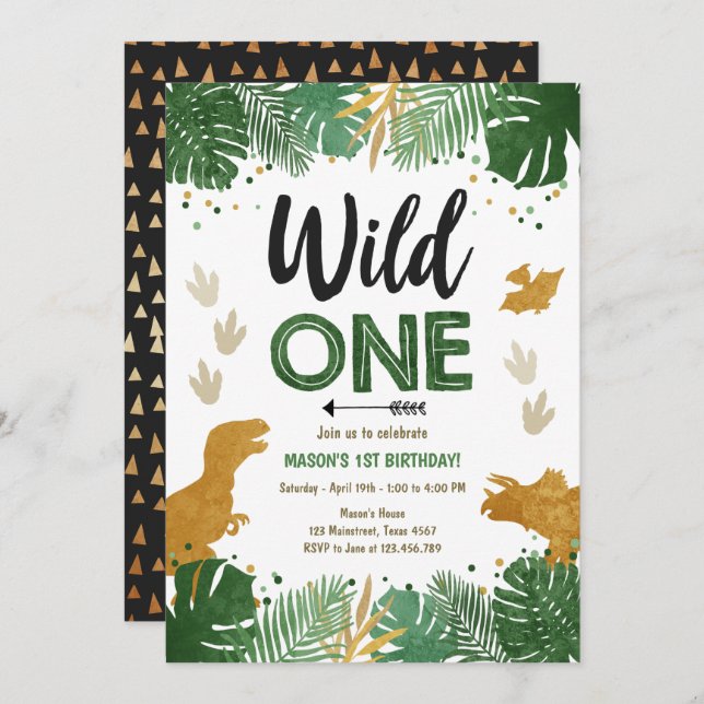 Wild One Dino Party Boy Gold Dinosaur 1st Birthday Invitation (Front/Back)