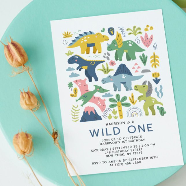 Wild One Dino Party Cute Modern Dinosaurs First  Invitation (Creator Uploaded)