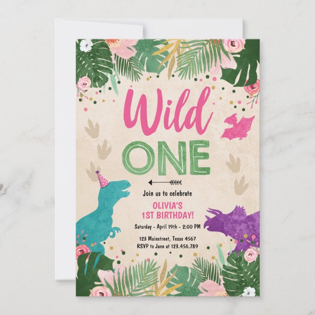 Wild One Dino Party Girl Pink Dinosaur Birthday Invitation (Front)