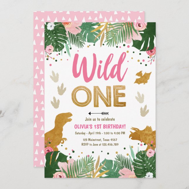 Wild One Dino Party Girl Pink Dinosaur Birthday Invitation (Front/Back)