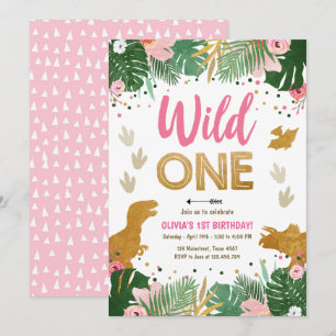 Wild One Dino Party Girl Pink Dinosaur Birthday Invitation