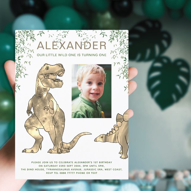 Wild One Dinosaur 1st Birthday Party Budget Invita Invitation Postcard (Wild one dinosaur 1st birthday party budget invitation postcard with photo template)